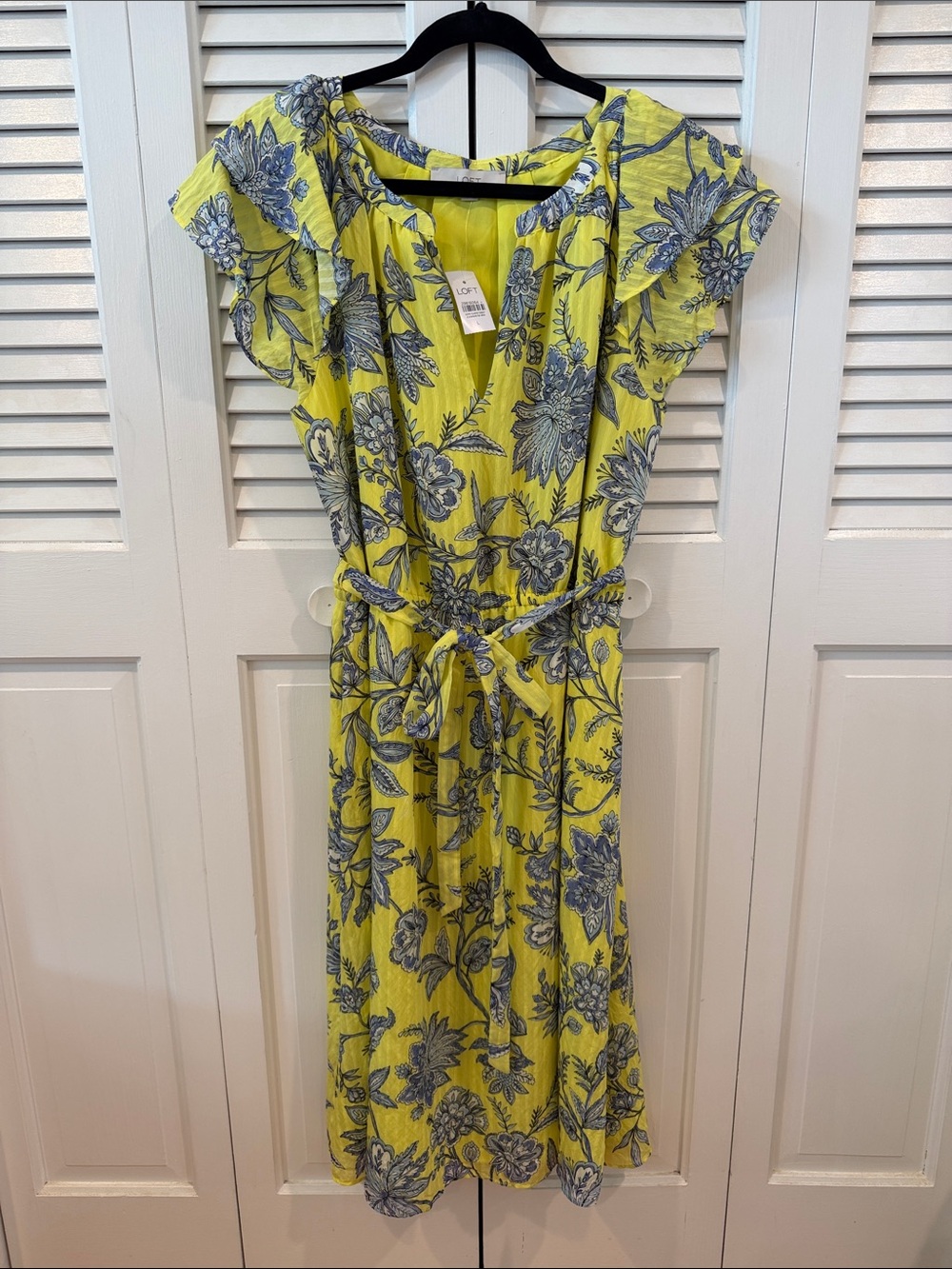 LOFT Women’s V-Neck Ruffle-Sleeve Midi Dress with Tie - L Yellow Floral